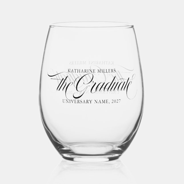 The Graduate Script Typography Personalised  Stemless Wine Glass (Front)