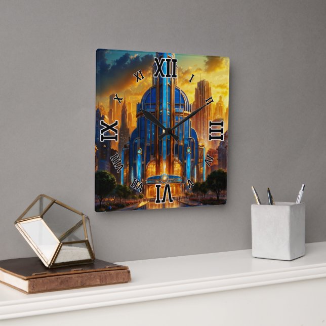 The Grand Art Deco Blue Plaza Pavilion by Xzendor7 Square Wall Clock (Office)