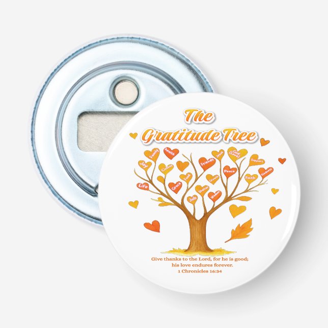 'The Gratitude Tree' Button Bottle Opener (Front)