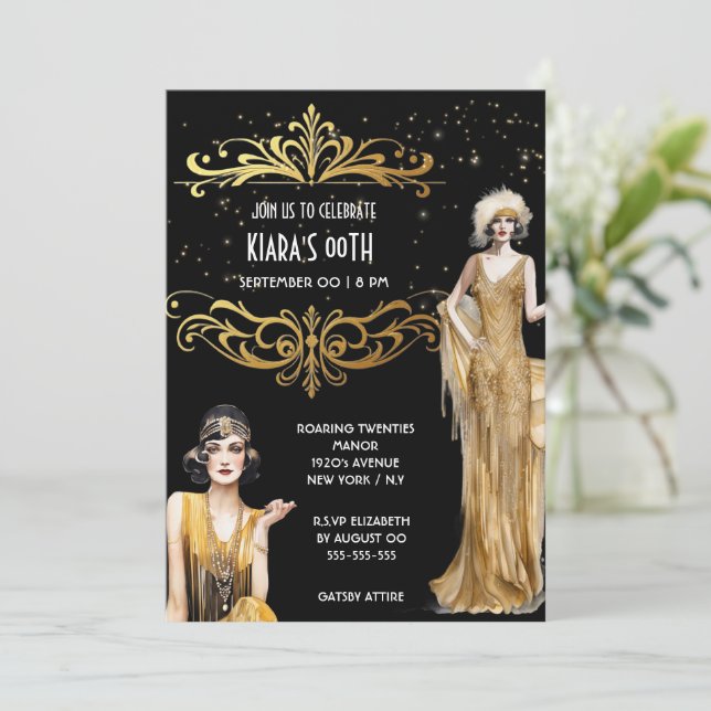 The Great Gatsby black gold flappers art deco Invitation (Standing Front)