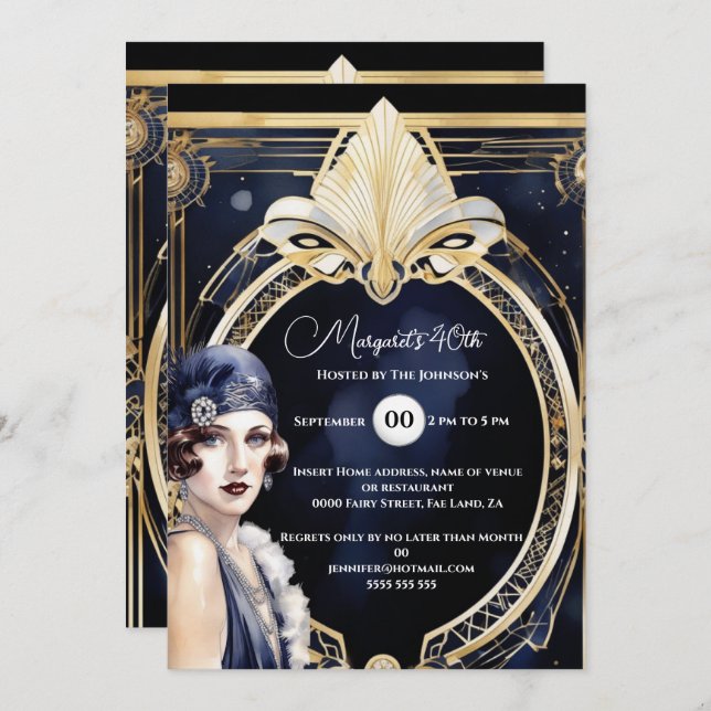 The Great Gatsby blue gold flapper girl 1920's  Invitation (Front/Back)
