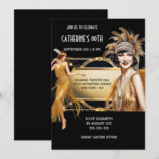 The Great Gatsby flapper girls black gold birthday Invitation (Front/Back)