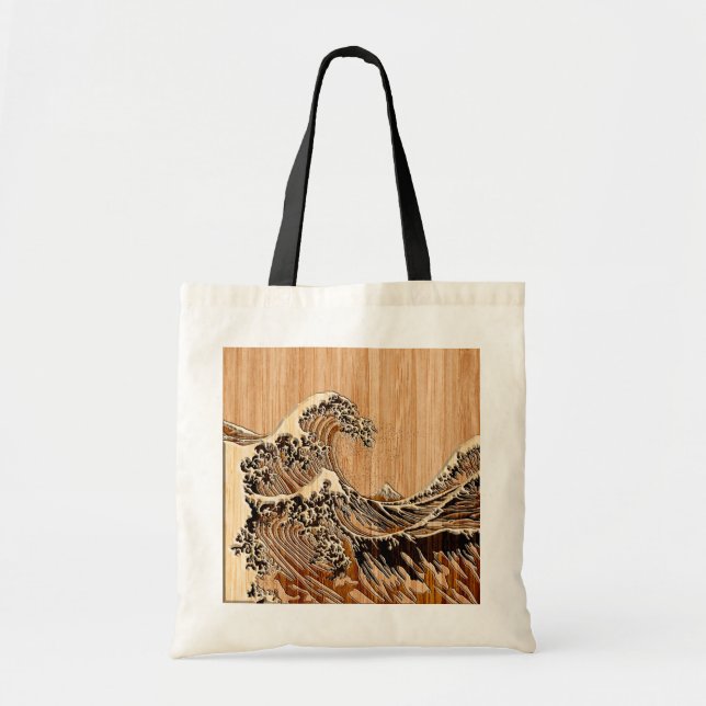 The Great Hokusai Wave Bamboo Wood Grain Style Tote Bag (Front)