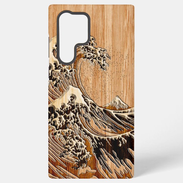The Great Hokusai Wave Bamboo Wood Inlay Style Samsung Galaxy S22 Ultra Case (Back)