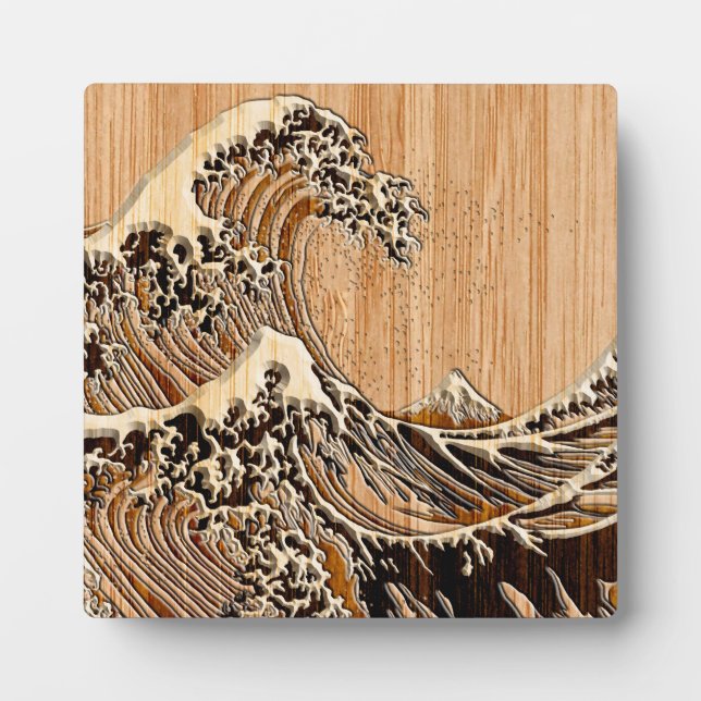 The Great Hokusai Wave Bamboo Wood Style Accent Plaque (Front)