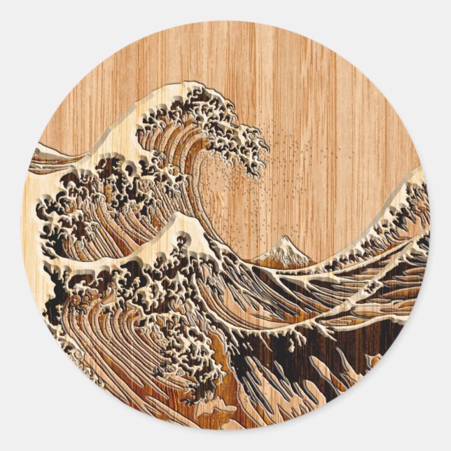 The Great Hokusai Wave Bamboo Wood Style Classic Round Sticker (Front)