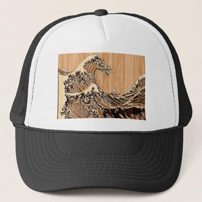 The Great Hokusai Wave Bamboo Wood Style decor Trucker Hat (Front)