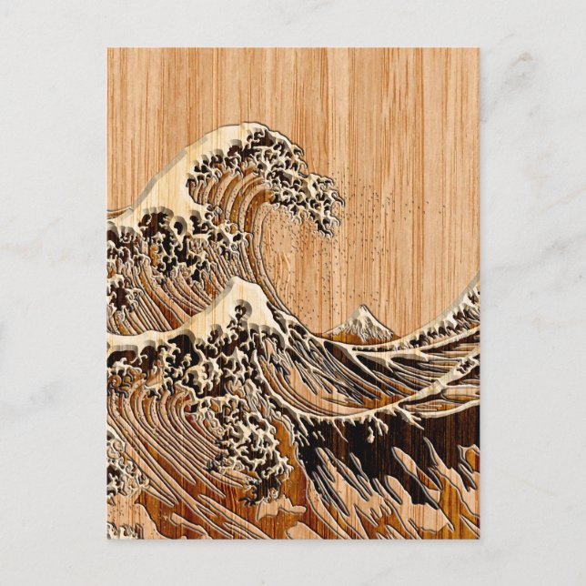 The Great Hokusai Wave Bamboo Wood Style Postcard (Front)