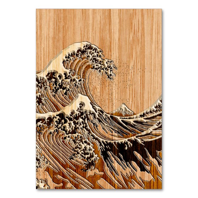 The Great Hokusai Wave Bamboo Wood Style Table Number (Front)