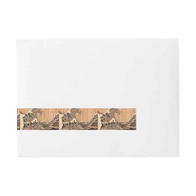 The Great Hokusai Wave Bamboo Wood Style Wraparound Address Label (Front)