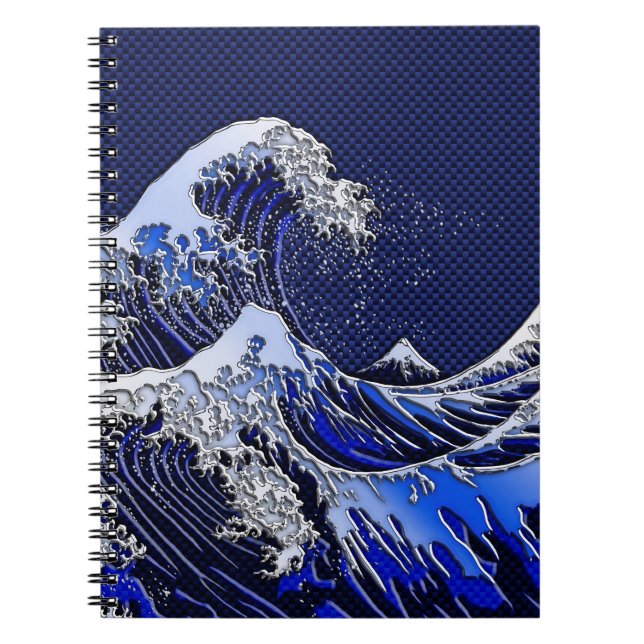 The Great Hokusai Wave Carbon Fibre Style Spiral Notebook (Front)