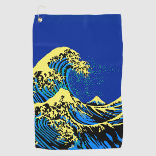 The Great Hokusai Wave in Blue Yellow Pop Style Golf Towel