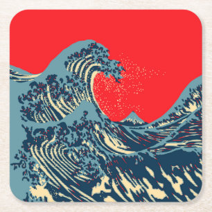 The Great Hokusai Wave in Colourful Style Square Paper Coaster