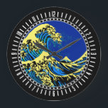 The Great Hokusai Wave in Pop Art Style Dial on a Large Clock<br><div class="desc">A custom design inspired by the Great Wave of Kanagawa painted by ancient Japanese artist Hokusai. It is rendered in a vibrant blue pop art style. Sounds good, a great clock face gift idea. Use the "Message" link to contact us with your special design requests or for some assistance with...</div>