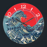 The Great Hokusai Wave in Pop Art Style Dial on a Large Clock<br><div class="desc">A custom design inspired by the Great Wave of Kanagawa painted by ancient Japanese artist Hokusai. It is rendered in a vibrant blue pop art style. Sounds good,  a great clock face gift idea. Message</div>