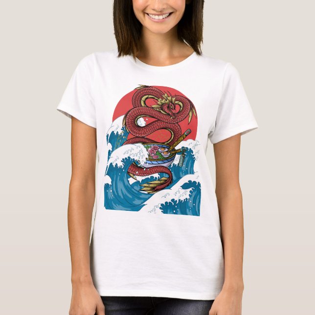 The Great kanagawa wave Red Dragon Japanese Ramen  T-Shirt (Front)