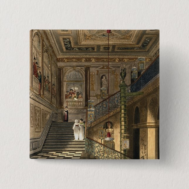 The Great Staircase at Kensington Palace From Pyne 15 Cm Square Badge (Front)