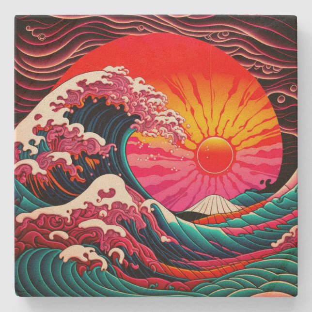 The Great SynthWave of Kanagawa Retro 80s Stone Coaster (Front)