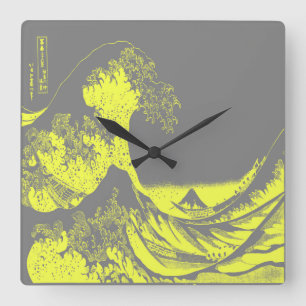 The Great Wave Clock Yellow & Grey