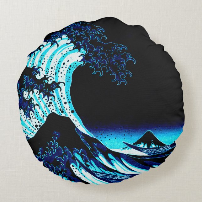 The Great Wave Deep Blue Round Cushion (Back)