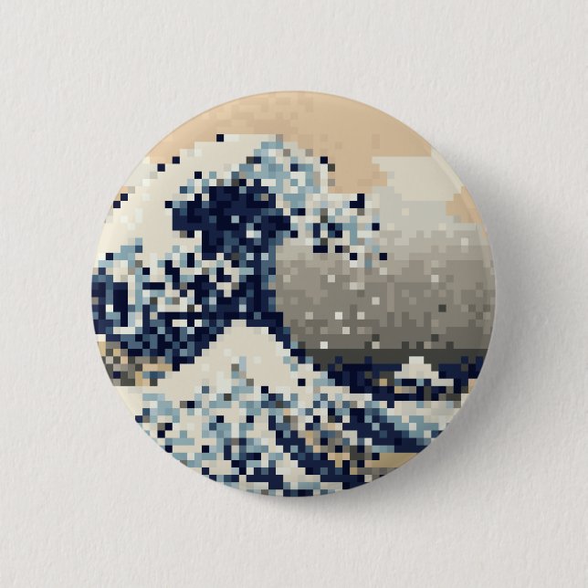 The Great Wave off Kanagawa 8 Bit Pixel Art 6 Cm Round Badge (Front)