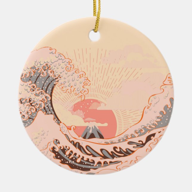 The great wave off kanagawa at sunrise ceramic tree decoration (Front)