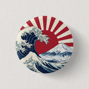 The Great Wave off Kanagawa & rising sun flag 3 Cm Round Badge