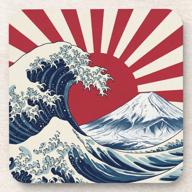 The Great Wave off Kanagawa & rising sun flag Coaster (Front)