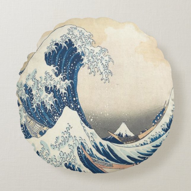 The Great Wave off Kanagawa Ukiyo-e Japanese Round Cushion (Front)