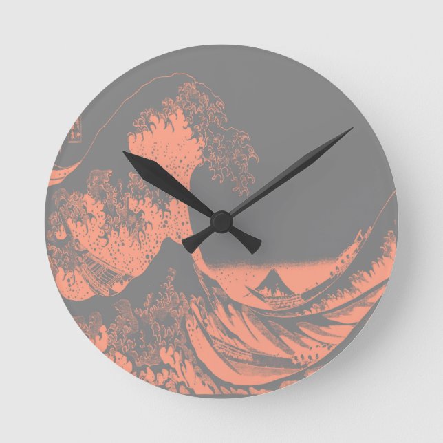 The Great Wave Peach & Gray Round Clock (Front)