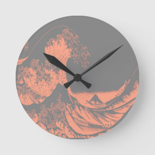 The Great Wave Peach & Gray Round Clock