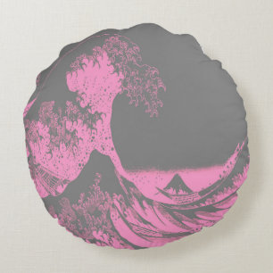 The Great Wave Round Pillow Pink & Grey