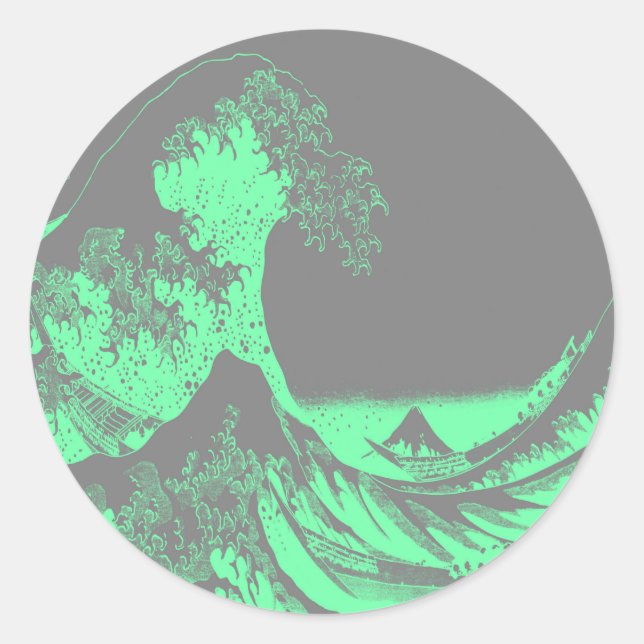 The Great Wave Seafoam Green & Grey Classic Round Sticker (Front)