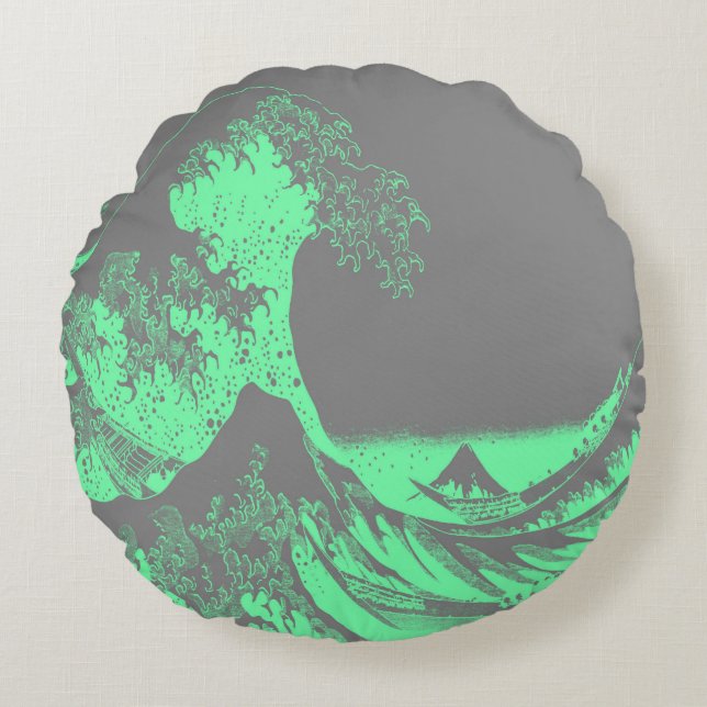 The Great Wave Seafoam Green & Grey Round Pillow (Front)