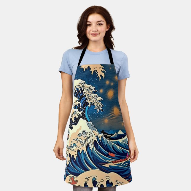 The Great Wave Starry Night Mashup All Over Apron (Worn)