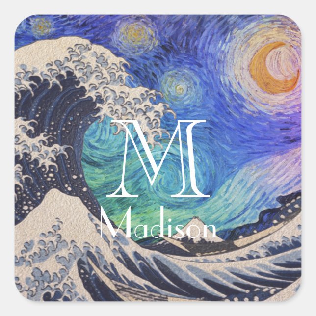 The Great Wave Starry Night Square Sticker (Front)