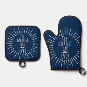 The Greatest Dad Ever With Moustache Blue Oven Mitt & Pot Holder Set
