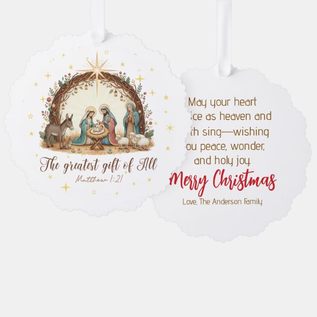 The Greatest Gift of All” Nativity  Tree Decoration Card (Front/Back)