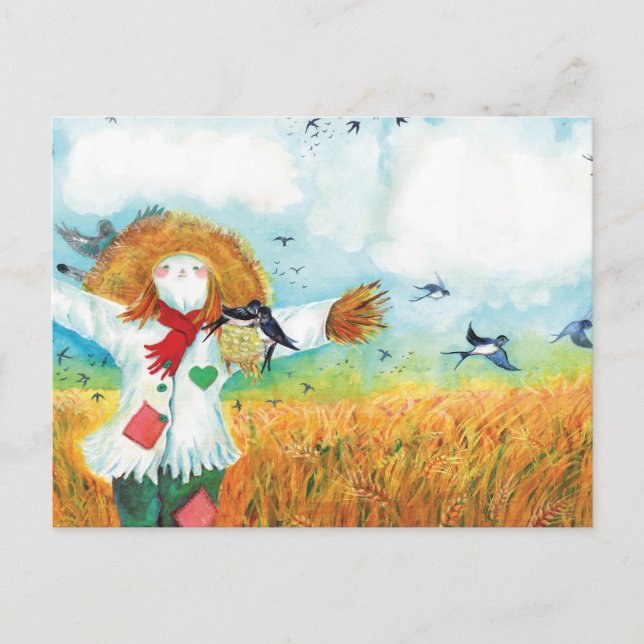 The Green Heart Scarecrow & Swallows Illustration Postcard (Front)