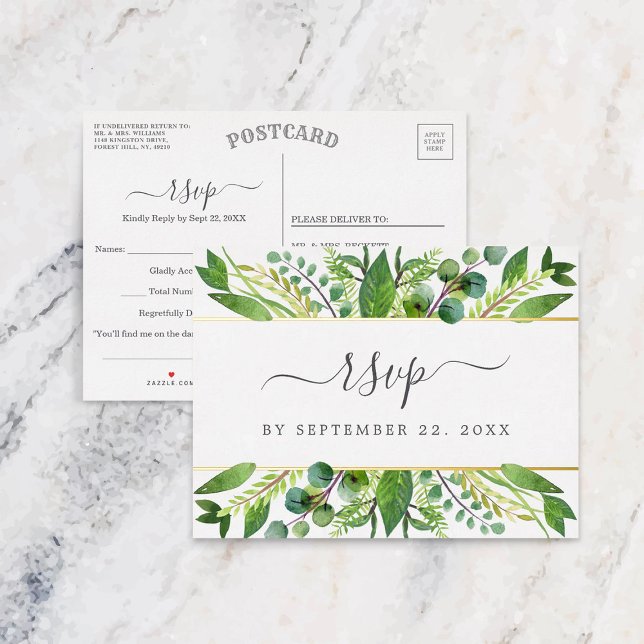 The Greenery & Gold Wedding Collection RSVP Real Foil Invitation Postcard (Creator Uploaded)