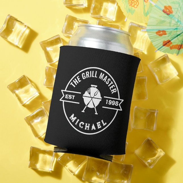 The Grill Master Established Year Custom Name  Can Cooler (grill master can coolers fathers day Bbq barbecue grilling dad barbeque chef dad)