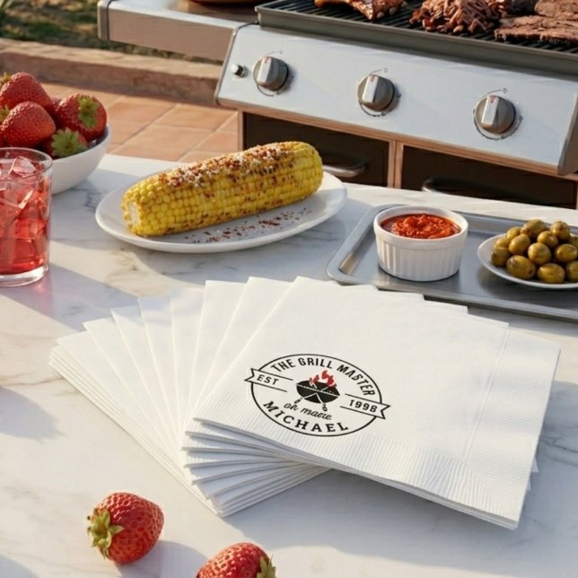 The Grill Master Established Year Name Flame Napkin (bbq party napkins cookout 4th of july summer family reunion fathers day birthday grilling party)