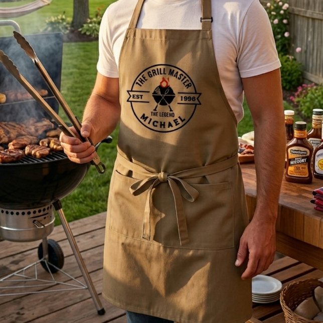 The Grill Master Established Year Name Flame Standard Apron (grilling aprons dad bbq birthday foodie  for him grillmaster cooking modern chef men fathers day )