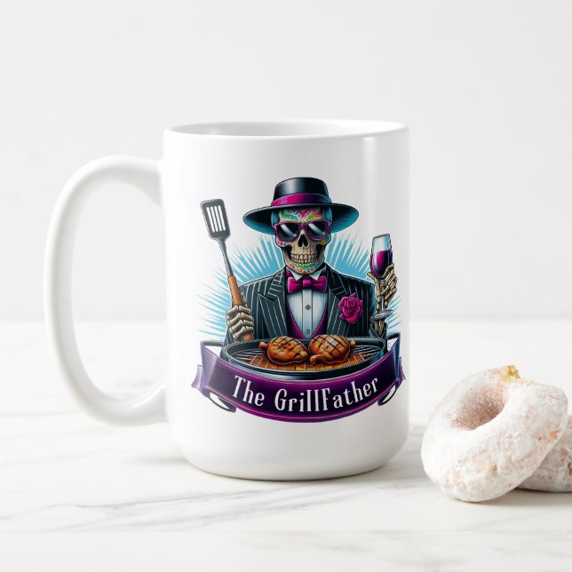 The Grillfather Funny Skeleton Fathers Day Coffee Mug (With Donut)