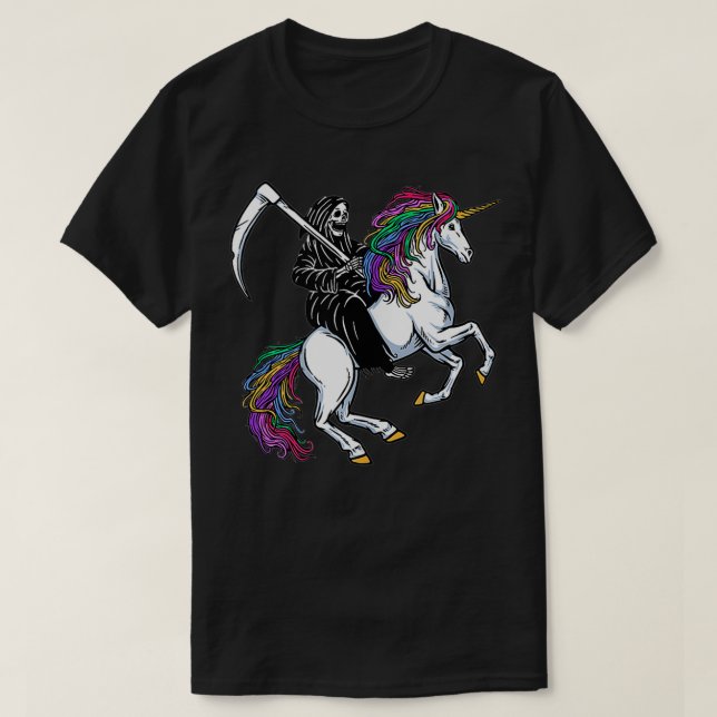 The Grim Reaper Riding a Unicorn  T-Shirt (Design Front)