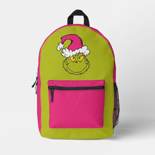 The Grinch in Pink Santa Hat Printed Backpack (Front)