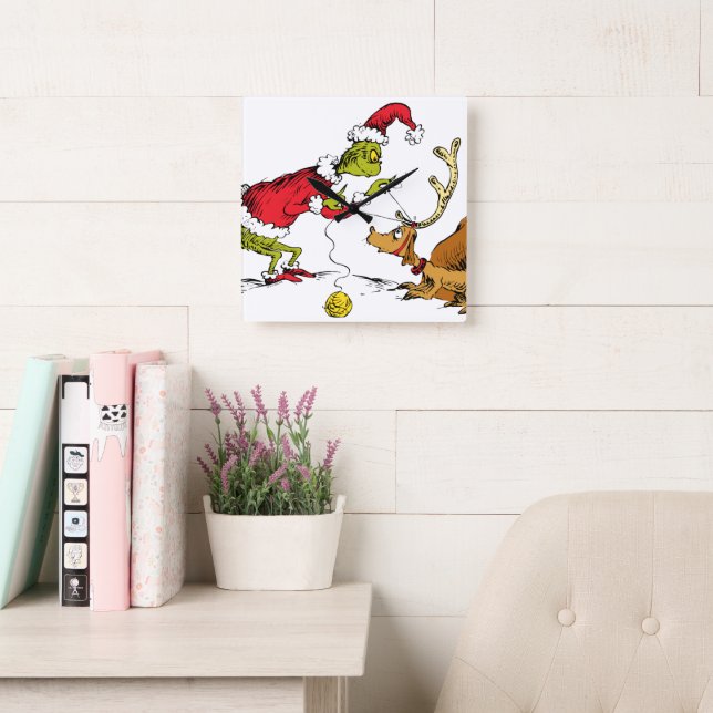 The Grinch Prepares Max the Reindeer Square Wall Clock (Reading Room)