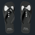 The Groom. Fun White Bow Tie & Buttons Wedding Jandals<br><div class="desc">These cute flip flops are perfect for the groom when he's ready to kick off his shoes and party. They feature a cute mock tuxedo design with a white bow tie and buttons at the top and his name and title below.</div>