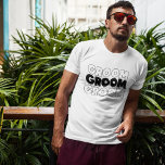 The GROOM (name) T-Shirt<br><div class="desc">The groom will love this t-shirt as he gets ready for his big day.
Text says  the GROOM.  The same text and colour repeats on the back of this
t-shirt.  The text is an image so that the colour can be changed to any you choose.</div>