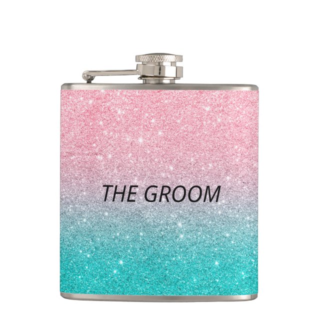 The Groom Turquoise and pink glitter ombre Hip Flask (Front)